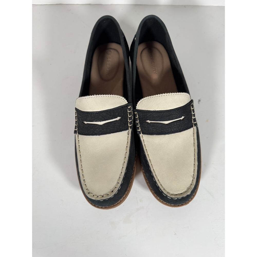 Sperry Seaport Penny Loafer Black Cream Leather Shoes Womens 8.5 Preppy Nautical - Picture 4 of 9